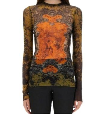 JEAN PAUL GAULTIER KHAKI BEIGE ORANGE MEDALLION MESH TOP SIZE SMALL NWT